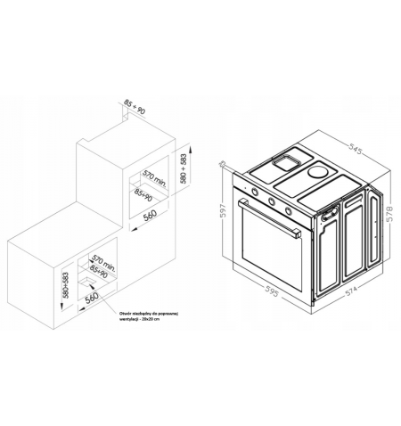 Piekarnik do zabudowy 80L elektryczny 3 programy Smith&Brown A68-S3(MT) - wymiary